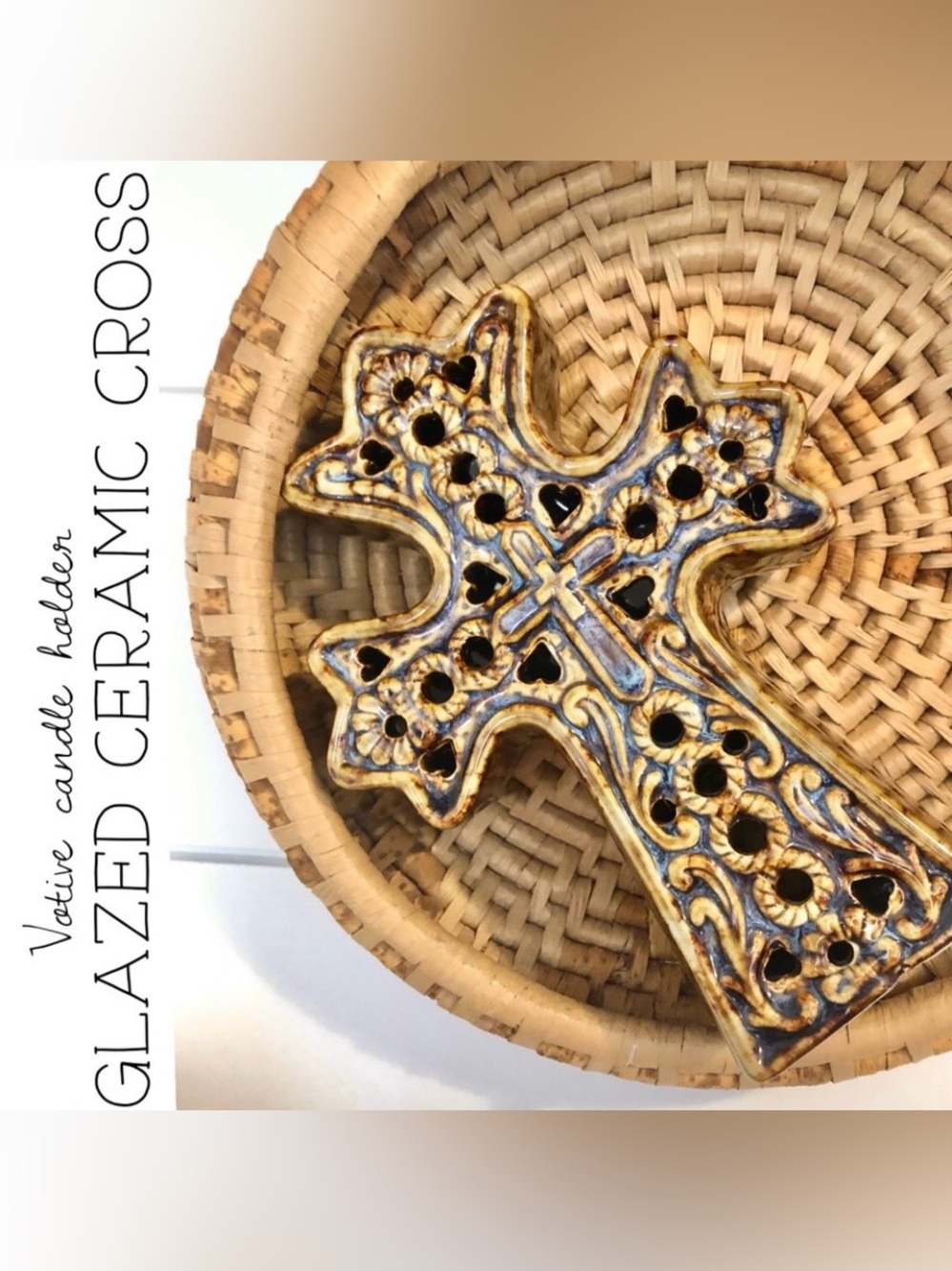 Ceramic Glazed Cross Votive Candle Holder